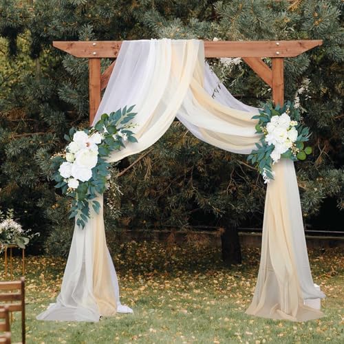 4 Pcs Wedding Arch Flowers and Drape Kit Include 2 Artificial Floral Swag and 2 White Chiffon Drapes, Faux, alternate view 5