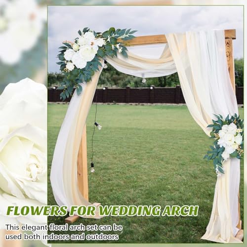 4 Pcs Wedding Arch Flowers and Drape Kit Include 2 Artificial Floral Swag and 2 White Chiffon Drapes, Faux, alternate view 7