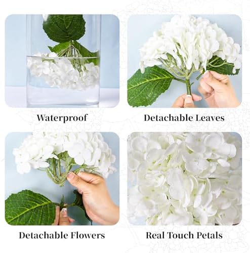 4 Pcs White Hydrangea Artificial Flowers Realistic Real Touch Latex Flower in 4 White, alternate view 2