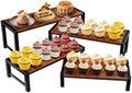 4 Pcs Wood Risers Display Stand, Solid Wood and Metal Cupcake Holder in Brown