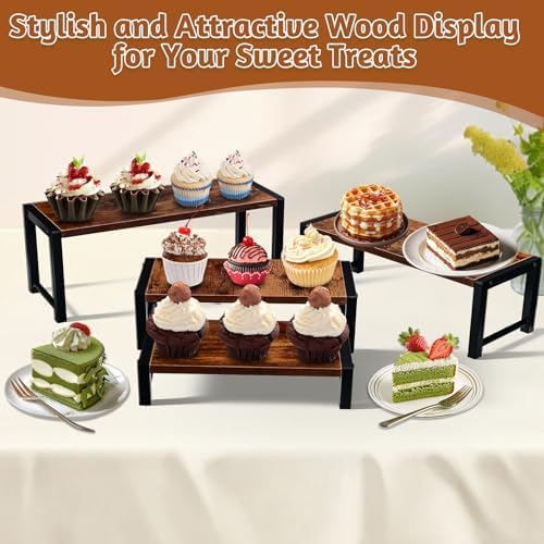 4 Pcs Wood Risers Display Stand, Solid Wood and Metal Cupcake Holder in Brown, alternate view 2