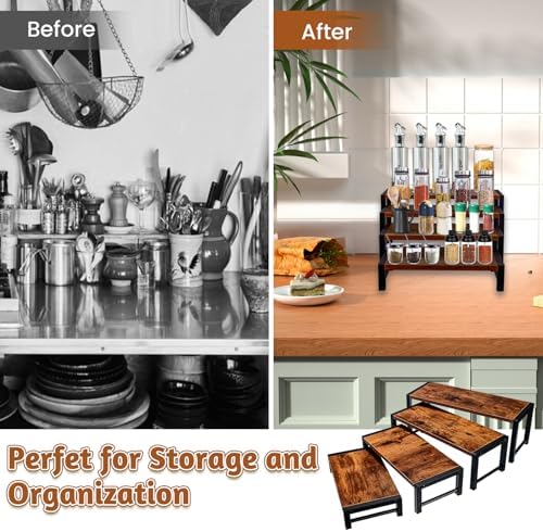 4 Pcs Wood Risers Display Stand, Solid Wood and Metal Cupcake Holder in Brown, alternate view 5