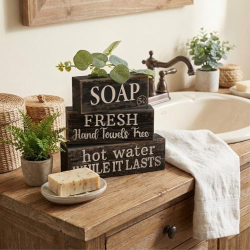 4 Pcs Wooden Bathroom Block Signs, Farmhouse Shelf Decor, alternate view 2