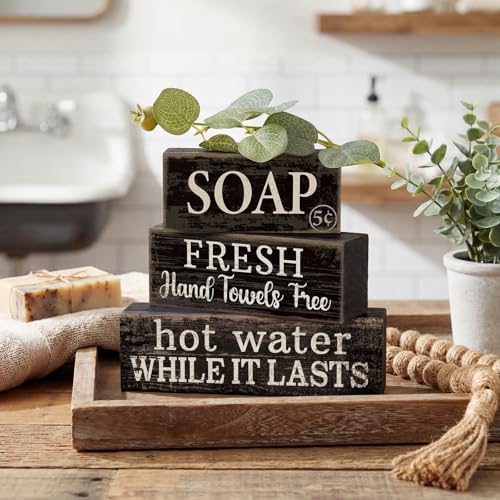 4 Pcs Wooden Bathroom Block Signs, Farmhouse Shelf Decor, alternate view 3