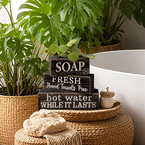 4 Pcs Wooden Bathroom Block Signs, Farmhouse Shelf Decor, alternate view 5