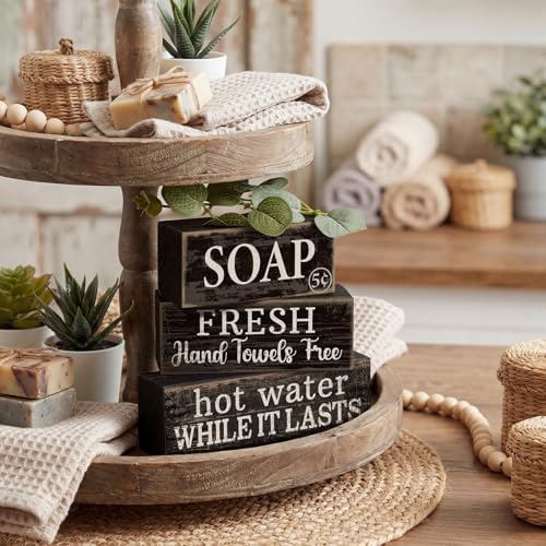 4 Pcs Wooden Bathroom Block Signs, Farmhouse Shelf Decor, alternate view 6