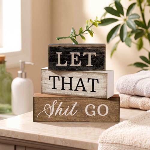 4 Pcs Wooden Block Signs Farmhouse Table Decoration for Bathroom, alternate view 2