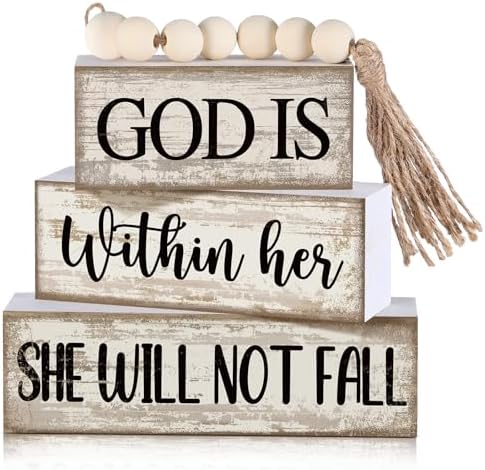 4 Pcs Wooden Blocks God Is Within Her Farmhouse Decor