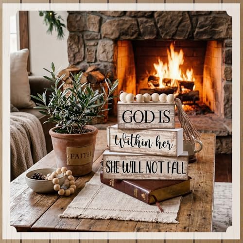 4 Pcs Wooden Blocks God Is Within Her Farmhouse Decor, alternate view 2