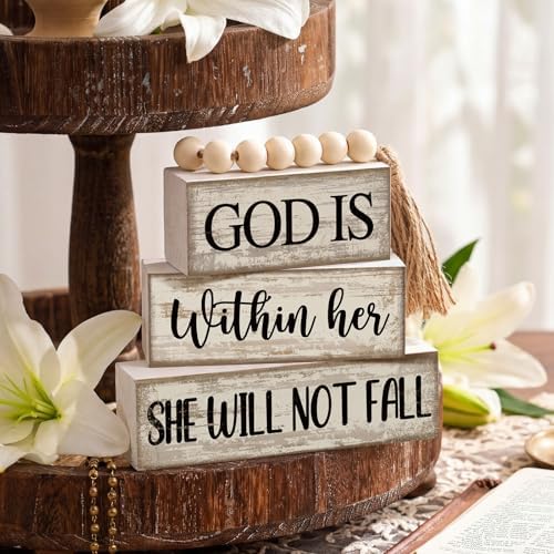 4 Pcs Wooden Blocks God Is Within Her Farmhouse Decor, alternate view 3