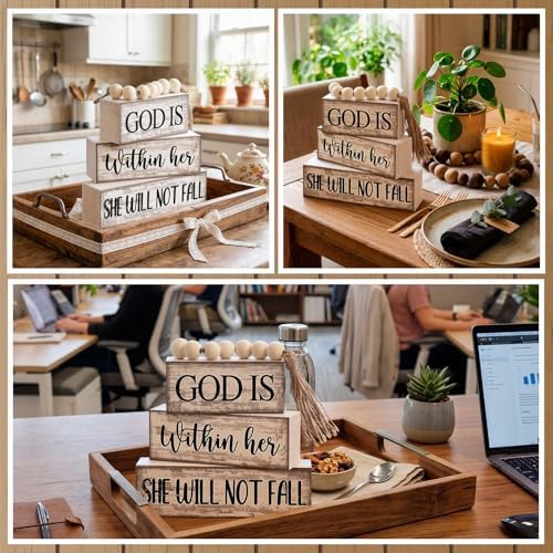 4 Pcs Wooden Blocks God Is Within Her Farmhouse Decor, alternate view 6