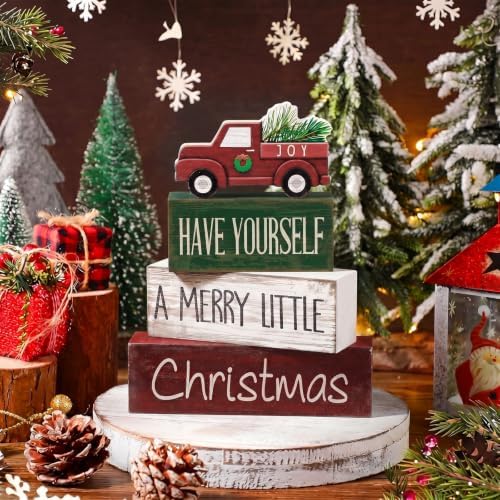 4 Pcs Wooden Christmas Tabletop Decor Red Truck Tiered Tray Decor Christmas Centerpiece Decorative Red Truck, alternate view