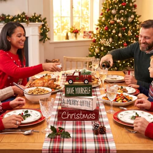 4 Pcs Wooden Christmas Tabletop Decor Red Truck Tiered Tray Decor Christmas Centerpiece Decorative Red Truck, alternate view