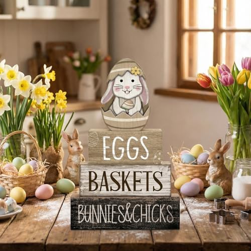 4 Pcs Wooden Farmhouse Tiered Tray Decor Rabbit Egg Signs, alternate view 3