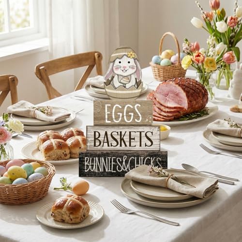 4 Pcs Wooden Farmhouse Tiered Tray Decor Rabbit Egg Signs, alternate view 4