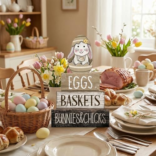 4 Pcs Wooden Farmhouse Tiered Tray Decor Rabbit Egg Signs, alternate view 5