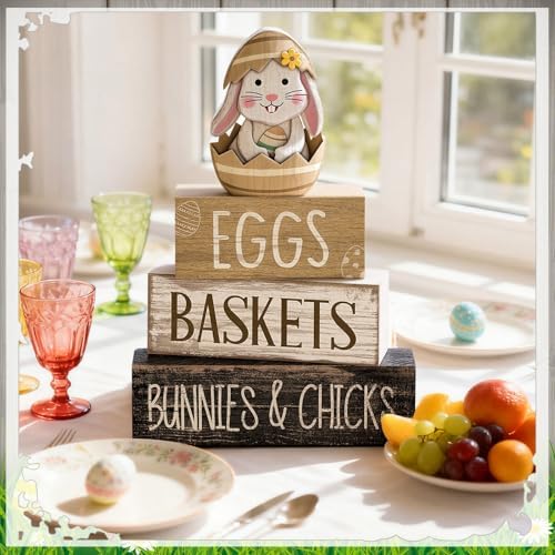 4 Pcs Wooden Farmhouse Tiered Tray Decor Rabbit Egg Signs, alternate view 6
