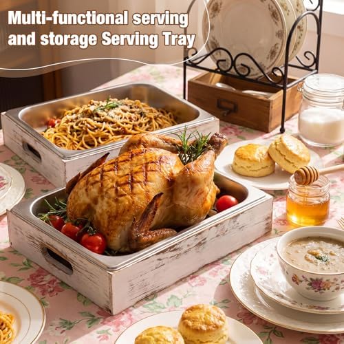 4 Pcs Wooden Serving Tray Stainless Steel Bus Tub, Retro White in Retro White, alternate view 4