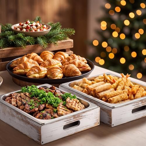 4 Pcs Wooden Serving Tray Stainless Steel Bus Tub, Retro White in Retro White, alternate view 6