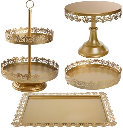4-Piece Gold Cake Stand Set, Vintage Metal Dessert Table Display Set with 2-Tier Cupcake Holder & Serving Trays