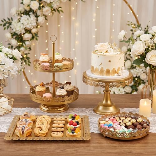 4-Piece Gold Cake Stand Set, Vintage Metal Dessert Table Display Set with 2-Tier Cupcake Holder & Serving Trays, alternate
