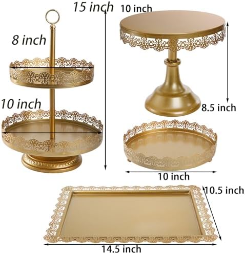4-Piece Gold Cake Stand Set, Vintage Metal Dessert Table Display Set with 2-Tier Cupcake Holder & Serving Trays, alternate