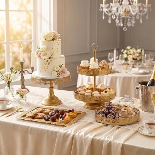 4-Piece Gold Cake Stand Set, Vintage Metal Dessert Table Display Set with 2-Tier Cupcake Holder & Serving Trays, alternate