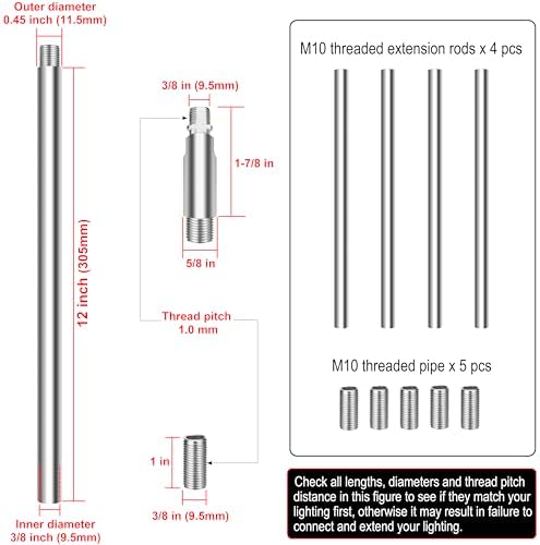 4 Pieces 12-inch M10 Threaded Extension Poles Lighting Fixture Downrods Stems & 180 Degrees Sloped Ceiling, alternate view 2