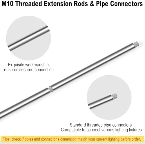 4 Pieces 12-inch M10 Threaded Extension Poles Lighting Fixture Downrods Stems & 180 Degrees Sloped Ceiling, alternate view 3