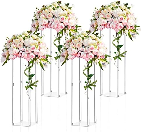 4 Pieces 28 Inch Tall Acrylic Vase Wedding Centerpieces Clear Flower Stand Column Geometric Floral Vase Elegant