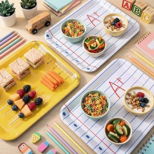 4 Pieces Back to School Serving Trays Melamine Platters in Back to School in Yellow White, alternate view 2