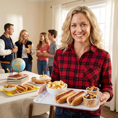 4 Pieces Back to School Serving Trays Melamine Platters in Back to School in Yellow White, alternate view 5