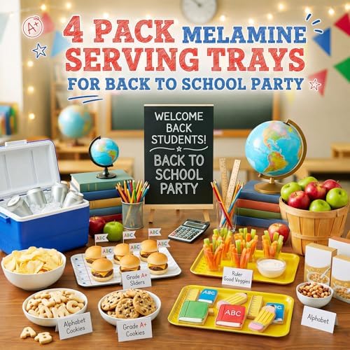 4 Pieces Back to School Serving Trays Melamine Platters in Back to School in Yellow White, alternate view 6