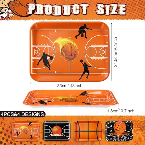 4 Pieces Basketball Serving Trays Melamine Platters in Basketball in Orange Black, alternate view 3