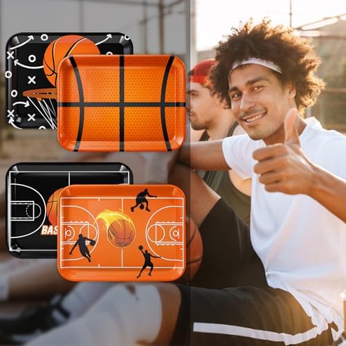 4 Pieces Basketball Serving Trays Melamine Platters in Basketball in Orange Black, alternate view 5