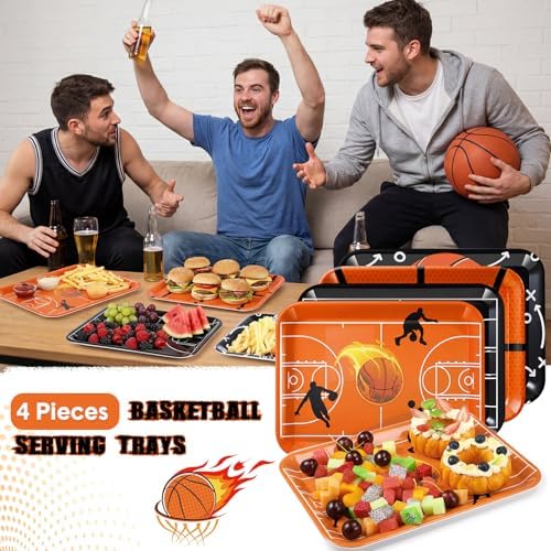 4 Pieces Basketball Serving Trays Melamine Platters in Basketball in Orange Black, alternate view 6