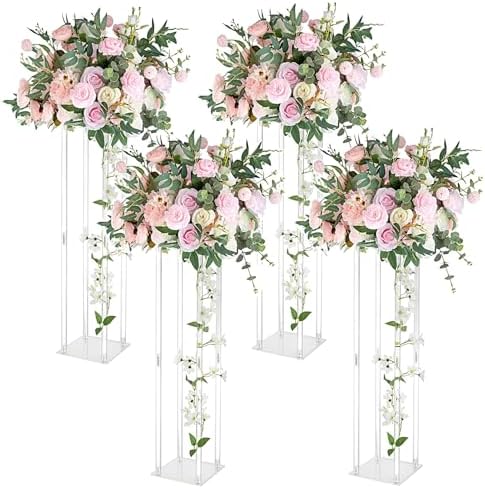 4 Pieces Tall Acrylic Vase Wedding Centerpieces Clear Flower Stand Column Geometric Floral Vase Elegant Display