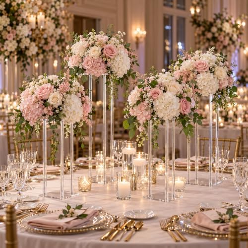 4 Pieces Tall Acrylic Vase Wedding Centerpieces Clear Flower Stand Column Geometric Floral Vase Elegant Display, alternate
