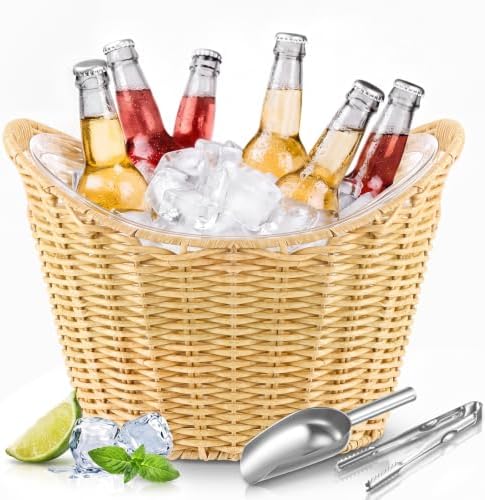 4 Quart Small Ice Bucket with Wicker Outer Basket, Scoop, Tong and Handle