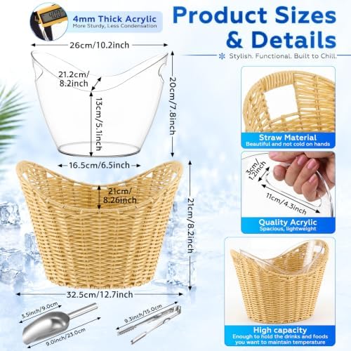 4 Quart Small Ice Bucket with Wicker Outer Basket, Scoop, Tong and Handle, alternate view 3