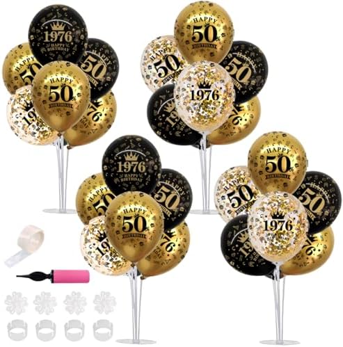 4 Set 50th Birthday Decor Printed 1976 Black Gold Balloon Stand in 4 Count (Pack of 1) in Black Gold