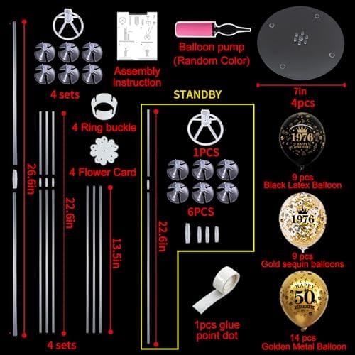 4 Set 50th Birthday Decor Printed 1976 Black Gold Balloon Stand in 4 Count (Pack of 1) in Black Gold, alternate view 3