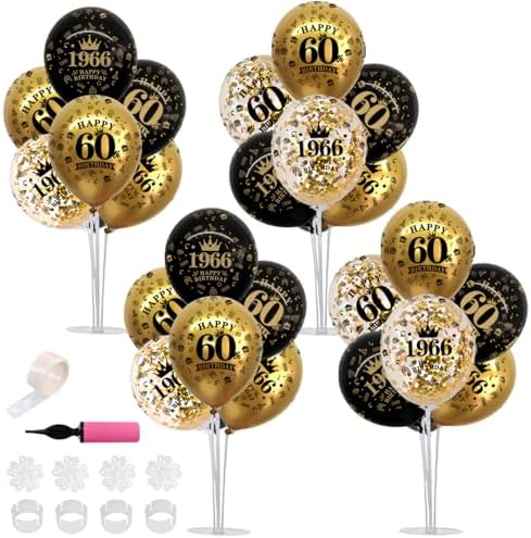 4 Set 60th Birthday Decor Printed 1966 Black Gold Balloon Stand in 12 inch balloons, 26.6 inch stand in Black