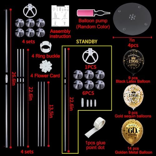 4 Set 60th Birthday Decor Printed 1966 Black Gold Balloon Stand in 12 inch balloons, 26.6 inch stand in Black, alternate view