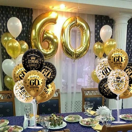 4 Set 60th Birthday Decor Printed 1966 Black Gold Balloon Stand in 12 inch balloons, 26.6 inch stand in Black, alternate view