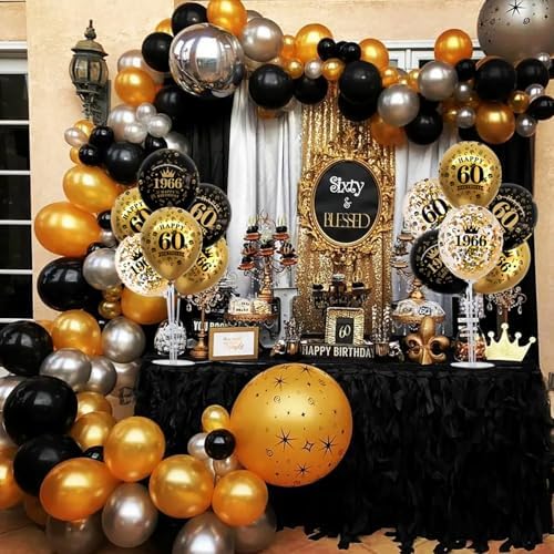 4 Set 60th Birthday Decor Printed 1966 Black Gold Balloon Stand in 12 inch balloons, 26.6 inch stand in Black, alternate view