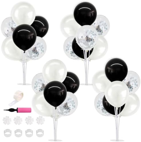 4 Set Black and White Balloon Stand Balloon Centerpiece for Table in 4 Count (Pack of 1) in Metallic Blue Silver