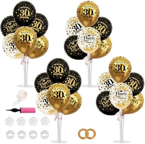 4 Set Black Gold 30 Printed Balloon Stands for 30th Birthday Decor in 4 Count (Pack of 1) in Black Gold