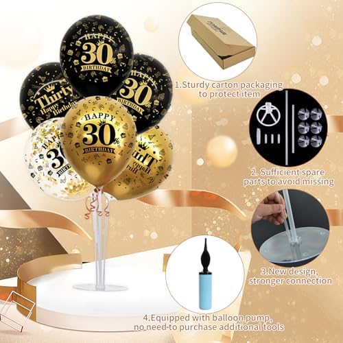4 Set Black Gold 30 Printed Balloon Stands for 30th Birthday Decor in 4 Count (Pack of 1) in Black Gold, alternate view 4