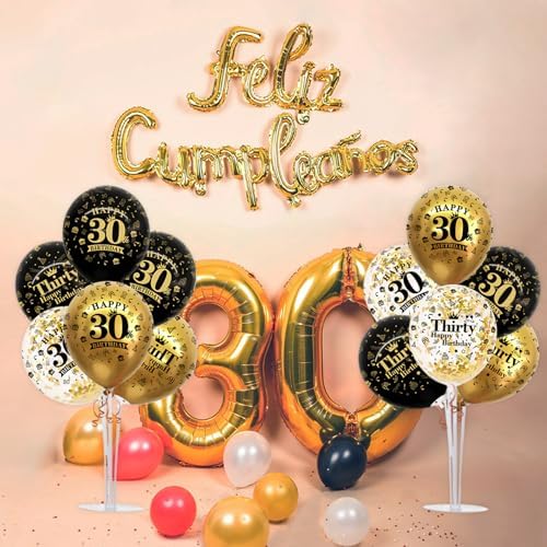 4 Set Black Gold 30 Printed Balloon Stands for 30th Birthday Decor in 4 Count (Pack of 1) in Black Gold, alternate view 5